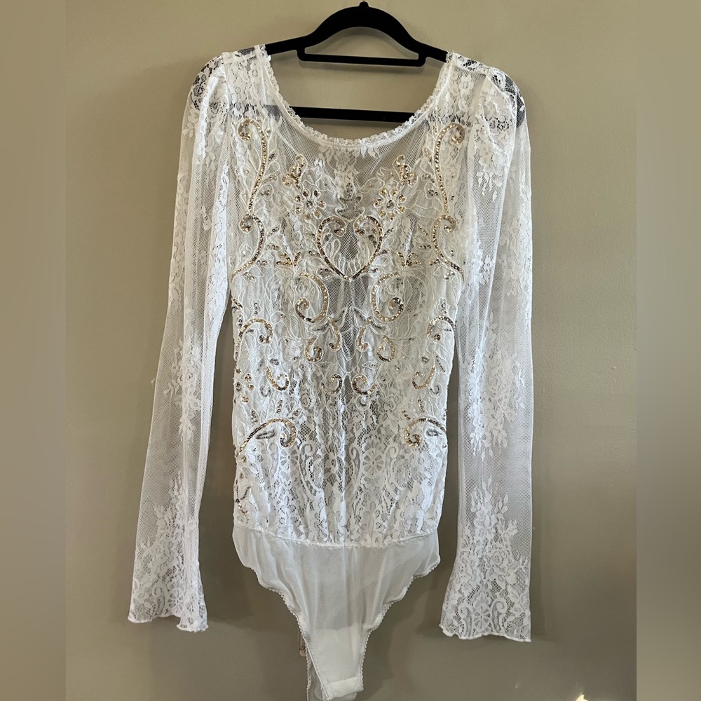 Free People - Intimately  - Ready to Party Lace Bodysuit White Long Sleeve Small - Picture 4 of 11